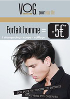 Forfait homme : 1 shamppoing + coupe + coiffage = -5€ - Vog coiffure