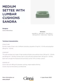 Prospectus CINNA LILLE 128 rue Long Pot Five : MEDIUM SETTEE WITH LUMBAR CUSHIONS SANDRA